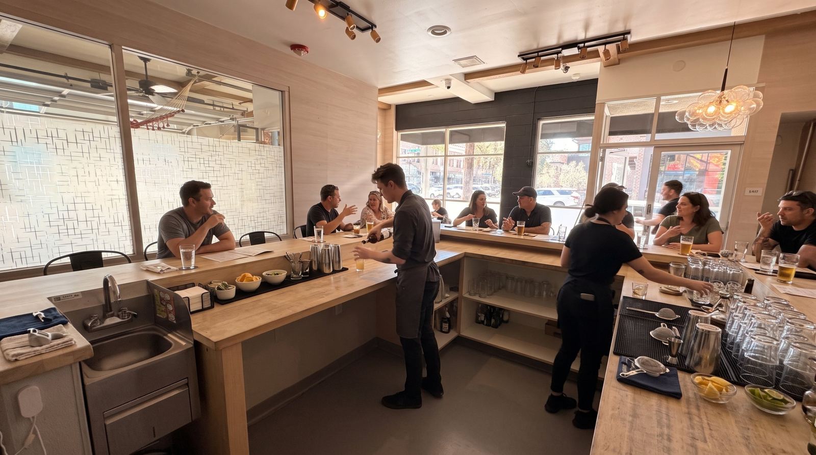 The restaurant space, with street-facing windows at Bush and 4th