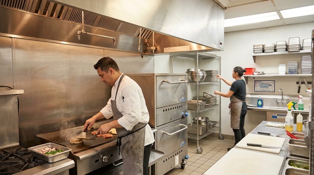 Cooks working a commercial kitchen line